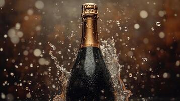 Champagne bottle with water splash and droplets frozen in motion against dark bokeh background, creating festive and refreshing mood photo