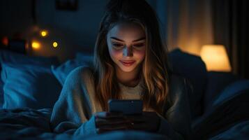 Young woman smiling while reading comments on her smartphone glowing screen in low light cozy room photo