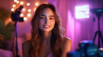 Young woman smiling with long hair in cozy room with colorful lighting and camera setup for filming content creation photo