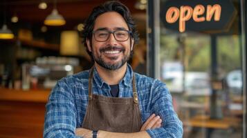 Happy small business owner standing in front of modern cafe with open sign, smiling confidently and wearing apron and glasses photo