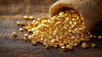 Gold nuggets spilling from burlap sack on wooden surface, shining brightly with rich texture and warm golden color photo
