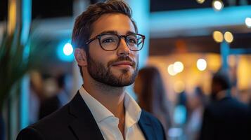 Young investor attending networking event with polished business look in chic indoor venue under soft diffused lighting, confident and focused photo