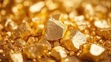 Gold nugget close up with shiny metallic texture and warm glowing light creating rich and luxurious feeling in image photo