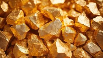 Raw gold nugget close up with shiny metallic texture and natural irregular shapes, glowing warmly in bright light photo