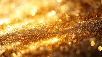 Golden glitter texture with sparkling light reflections creating warm and festive atmosphere in close up view.. photo