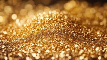 A Golden glitter texture with sparkling light reflections creating warm and festive atmosphere in close up view photo