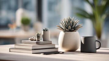 Modern office desk with eco friendly materials and small potted plant representing sustainable business strategy in bright and minimal setting photo