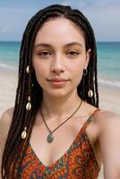 Portrait of a young beautiful woman with dreadlocks on the beach photo
