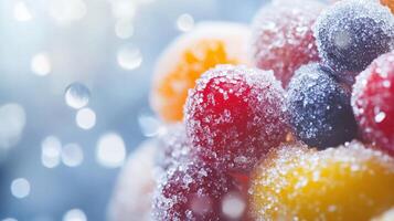 Mixed frozen berries with ice crystals in high detail, showing texture, vivid colors, and refreshing chill for food or health concepts photo