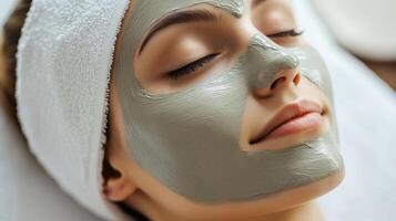 Intimate close-up of a woman with a natural clay mask on her face, eyes closed, and a towel wrapped around her head, in a softly lit spa setting, emphasizing skincare photo