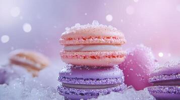 Stack of pink and purple macarons covered in sugar crystals on ice, glowing in dreamy light. Sweet dessert concept with winter and fairytale vibe photo