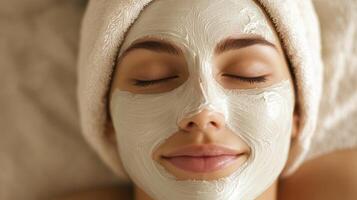 Spa client enjoying a creamy face mask during skincare session. Cosmetology service for skin hydration, nourishment and cleansing treatment photo