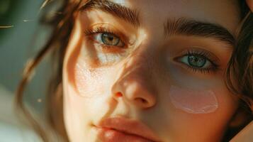 Close-up of a woman's face with freckles, applying translucent cream under her eyes in bright, natural light, suggesting a refreshing skincare treatment photo