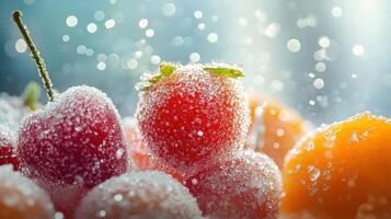 Close-up of frosty red and orange fruits covered with ice crystals and sparkling in sunlight, creating a winter freshness concept photo