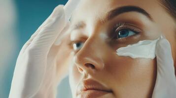 Profile close-up of a woman's face as a gloved hand applies white cream under her eye, with a soft, out-of-focus background, emphasizing targeted skincare and beauty routine photo