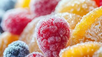 Close-up macro of frozen raspberries, blueberries, and orange slices covered in fine ice crystals, highlighting texture and vibrant colors in a frosty composition photo