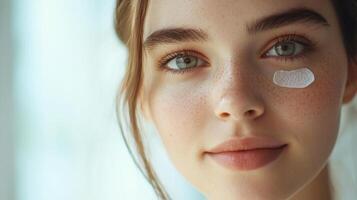 Close-up of a young woman with freckles and light eyes, gently smiling with a small dab of white cream under one eye, suggesting a light skincare application photo