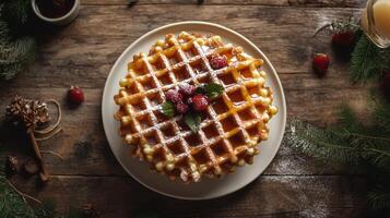 Top-down perspective of a round waffle cake drizzled with syrup and topped with raspberries and mint leaves on a white plate, on a wooden table with winter decorations photo