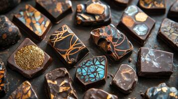 Explore an exquisite assortment of gourmet chocolate pralines. Each piece features unique designs, including stained glass effects and delicate gold accents photo