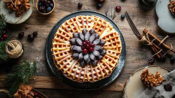 Overhead shot of a round waffle cake decorated with dark cream rosettes, powdered sugar, and red berries on a rustic wooden table with festive winter elements photo