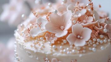 Detailed close-up of a light-colored cake adorned with delicate white and pale pink sugar flowers and small white pearls, suggesting a celebratory dessert or intricate confectionery photo