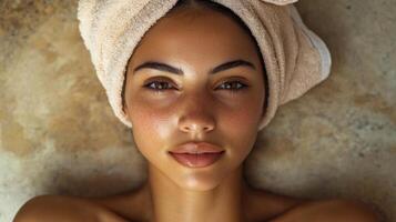 Close-up portrait of a relaxed woman with freckles and a towel on her head, lying on a textured surface, suggesting a natural beauty treatment or peaceful rest photo