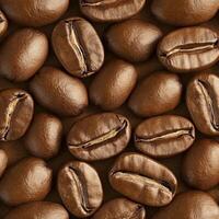 Close-up arrangement of roasted coffee beans on a brown surface, highlighting their oval shape, central crease, and varying shades of brown photo