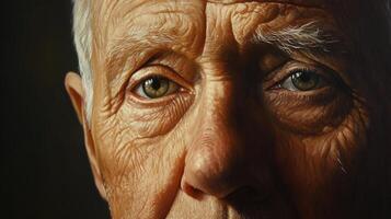 Half-face portrait of an aged man with detailed skin and lifelike expression. This realistic image conveys themes of memory, aging, and dignity with rich lighting and strong character photo