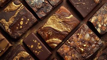 Captures the allure of rich, dark chocolate squares. These artisanal candies stand out with their diverse textures, some adorned with elegant golden swirls and others with sparkling gold specks photo