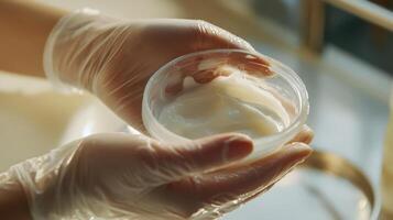 Close-up of gloved hands holding a clear jar containing white cream or cosmetic product, with a blurred background suggesting a clean or laboratory environment, emphasizing preparation for skincare photo