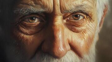 Close-up of elderly mans face with deep wrinkles and intense gaze. Realistic texture, emotional detail, aging and life experience expressed through eyes and skin photo