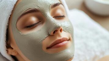 Close-up of a serene woman with closed eyes, wearing a facial mud mask and a towel on her head, suggesting a relaxing spa treatment for skincare photo