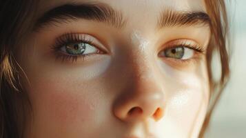 Detailed macro view of a womans eyes and skin with light reflections and subtle texture under warm sunlight photo
