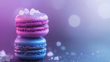 Two stacked violet and blue macarons with shimmering sugar topping. Moody lighting adds a touch of elegance and fantasy. Confectionery still life photo