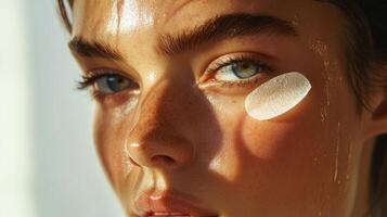Close-up portrait featuring glowing, hydrated skin with an under-eye cream patch. Highlights natural facial texture, freckles, and intense gaze. Emphasizes skincare and healthy complexion photo