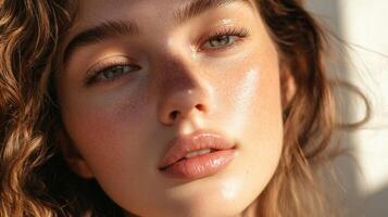 A youthful face with sun-kissed, dewy skin and prominent freckles. Natural light enhances the healthy glow and soft features. Focuses on freshness and radiant complexion photo