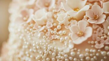Close-up of a multi-tiered light-colored cake adorned with delicate white and pale pink sugar flowers and numerous small white pearls, suggesting an elegant wedding or special occasion dessert photo