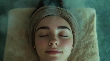 Top-down close-up of a tranquil woman with a towel headband, eyes closed, with gentle steam around her face, suggesting a calming spa or skincare session photo