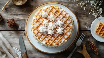 Top-down shot of a round waffle cake with white frosting and powdered sugar on a plate, with a fork, knife, and waffle piece on a rustic wooden table with floral accents photo