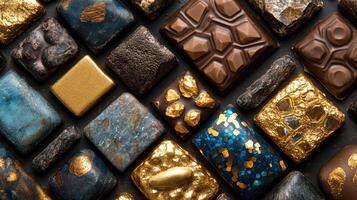 An overhead view showcases a variety of luxury chocolate squares arranged closely together, pralines are decorated with gold leaf, varied textures, and intricate mosaic patterns in blue and gold photo