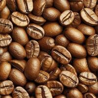 High-angle close-up of a pile of roasted coffee beans, showing their irregular arrangement, rich brown tones, and textured appearance photo
