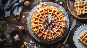 Top-down view of a sliced round waffle cake with syrup and berries on a plate, surrounded by walnuts and waffle pieces on a rustic wooden surface with a knife photo