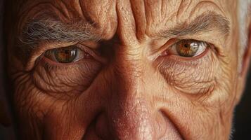 Extreme close-up of old mans intense eyes and forehead. Sharp focus on wrinkles, eyebrows, skin tone and emotion under dramatic lighting photo