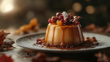 Elegant caramel flan topped with mixed nuts and berries. A rich autumn dessert captured on a rustic plate, ideal for seasonal or holiday food themes photo