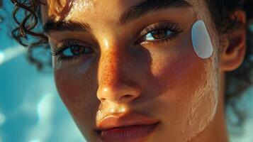 Close-up of young woman with freckles and under-eye patch on cheek. Glowing moist skin, sunlit face, sharp details and natural features under warm outdoor light photo