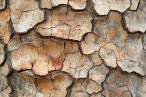 Close-up of weathered tree bark texture with cracks and crevices. Wooden pattern photo
