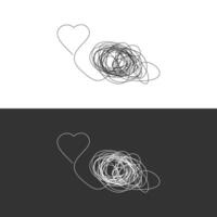 One continuous line drawing of tangled and scribble wires with love symbol. Concept of complex problem solving process and psychoterapy vector