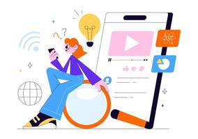 Distance Learning Concept with Students and Knowledge Materials in Flat Illustration vector