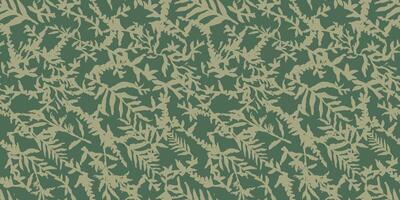 Camouflage hand drawn seamless pattern. Botanical textile, wrapping paper. Plant leaves background, camo with twig. Khaki green grunge drawing texture vector