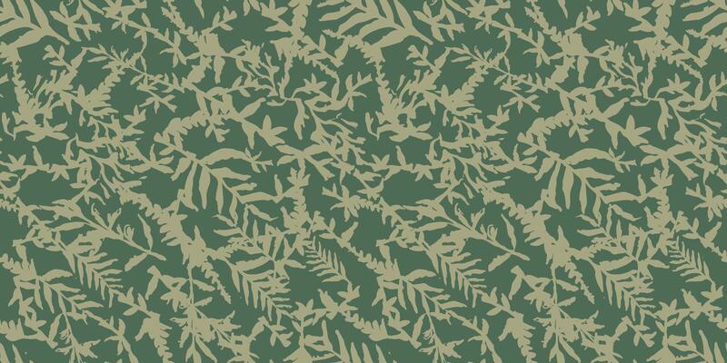 Camouflage hand drawn seamless pattern. Botanical textile, wrapping paper. Plant leaves background, camo with twig. Khaki green grunge drawing texture